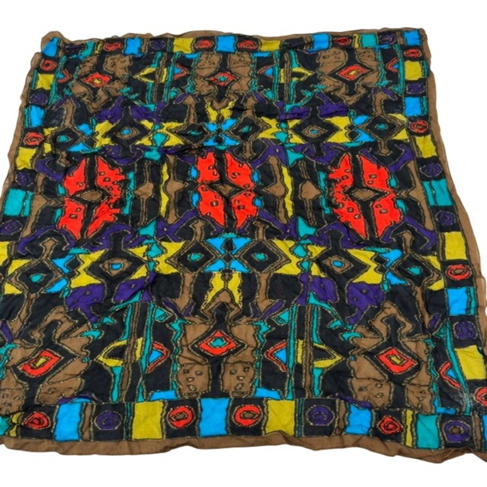 Vintage Boho 80s Southwestern Aztec Geometric Gauze Scarf 31x31 Bold Colorful